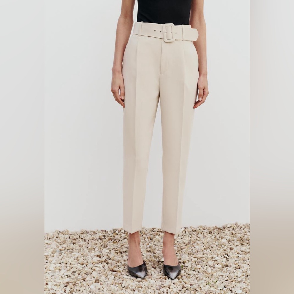 Zara cream trouser pants with fabric-covered belt